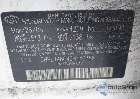 2009 Hyundai Sonata Gls из США, поврежденный, VIN 5NPET46C49H440356